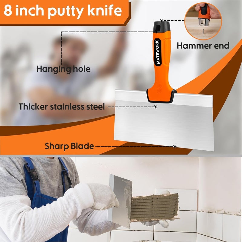 Matework 8 Inch Spackle Knife Tools, Putty Knife Scraper, Ergonomic Grip Tapping Knife with Hammer End for Drywall Work - Image 2